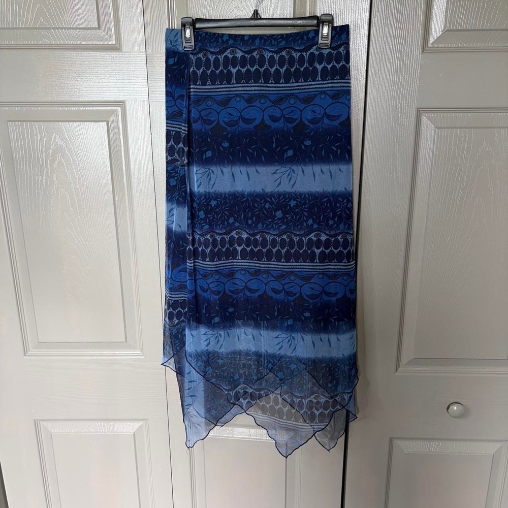 Maria Gabrielle Blue Sheer Midi Skirt Y2K Boho Mesh Handkerchief Hem Large